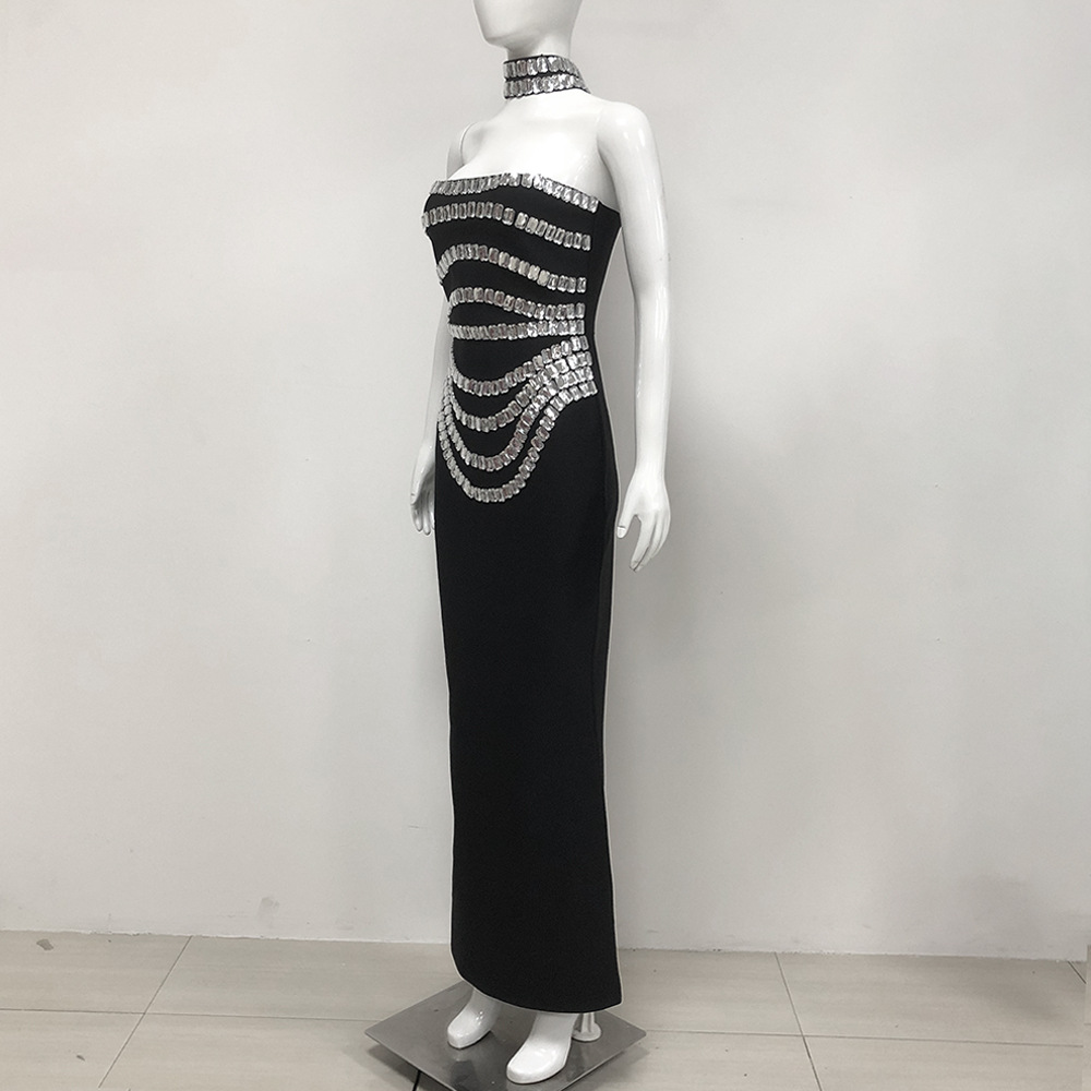 green emerald velvet dress Black Sleeveless Maxi Bandage Dress with Diamond Flower Detail