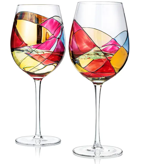 Verres à vin à pied de vitrail romantiques peints à la main de la Renaissance lot de 2