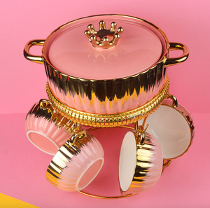 Bộ nồi súp gốm 9 món cao cấp sáng tạo Bộ đồ ăn hai tai cạnh vàng sang trọng 6 bát bộ sưu tập nồi gốm Chất lượng cao - Product Image 5