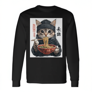 T-shirt à manches longues avec image de chat anime et ramen, style japonais - Product Image 2