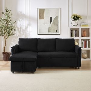 Black Loveseat Chaise Lounge Modular Convertible Storage Corduroy Tufted Upholstered <b>Sleeper</b> Sectional Living Room - Product Image 6