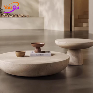 طاولة قهوة بتصميم عصري مشهور على الإنترنت بلون كريمي وطلاء حجري حقيقي، بأسلوب بسيط وهادئ للشقق الصغيرة - Product Image 5