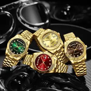 Top brand diamond inlay sun texture golden three needle diamond inlay hot business calendar stainless steel quartz watch men