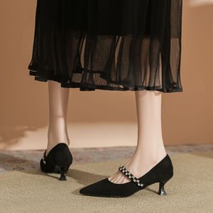 Zapatos de Mujer Mary Jane con Punta en Pico, Tacón Bajo, Correa con Pedrería, Cómodos, Color Beige Sólido, Altura del Tacón de 3cm-5cm - Product Image 2