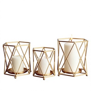 Gold Hexagon Metal <b>Lantern</b> Candle Holder <b>Set</b> for Home Decoration Durable Design - Product Image 1