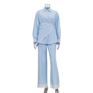 Women's Patchwork Lace Striped Collar Long-Sleeve Shirt & Casual Wide-Leg <b>Pants</b> Set Fashion - Product Image 2