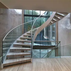 Özel ark merdiven Modern şık temperli cam adımlar paslanmaz çelik çerçeve Spiral merdiven kavisli merdiven ev için
