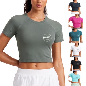 Top corto de entrenamiento deportivo para mujer, verano, de alta elasticidad licra, ajustado, mangas raglán, ropa activa, Color sólido, ecológico, rápido - Product Image 6