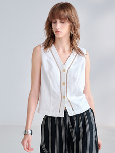 <strong>Women's</strong> <strong>Linen</strong> Blend V-Neck Vest Sleeveless Button-Front Top with Hollow-Out Trim Breathable Summer Layering <strong>Waistcoat</strong> - Product Image 3