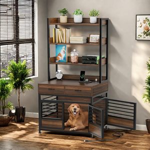 <strong>Extra</strong> <strong>Large</strong> 43.3\" L Wooden <strong>Dog</strong> Crate Furniture Indoor <strong>Kennel</strong> Table with Double Doors and Cushion Pet Cage - Product Image 3