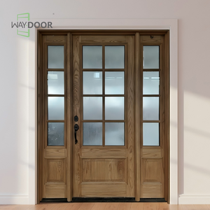 باب خارجي خشبي صلب مخصص بالكامل للبيع بالجملة، عصري وعازل للصوت، مصنوع من خشب الماهوجني والبلوط مع ألواح زجاجية ونوافذ جانبية مزدوجة - Product Image 1