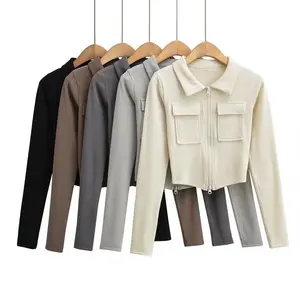 Luluxixiyaya Áo Khoác Cardigan Hở Eo Có Khóa Kéo Cổ Polo Cotton Sành Điệu Có Túi Cài Ngực Cho Nữ Áo Hoodie Vải Gân Co Giãn