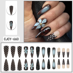 Vente en gros d'usine : <span class=keywords><strong>Faux</strong></span> <span class=keywords><strong>ongles</strong></span> longs à presser style stiletto, motif œil de chat marron, léopard, fleurs 3D et pois, Fournisseur OEM sous marque privée - Product Image 5