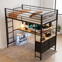 Lit mezzanine moderne en métal robuste avec escalier et canapé-lit intégré pour petit appartement, noir, taille Queen/King