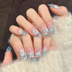 Uñas postizas de gel azul claro con efecto de onda de agua y ojo de gato, estilo stiletto largo, de presión, para manicura artificial. - Product Image 2
