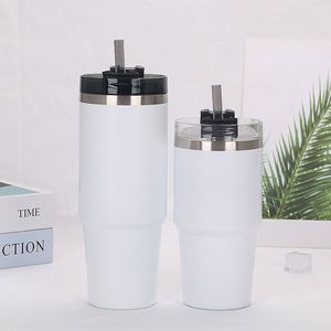 Gobelet isotherme sous vide en acier inoxydable de 30 oz avec revêtement poudré, tasse de voiture avec poignée et paille, logo personnalisé imprimé - Product Image 4