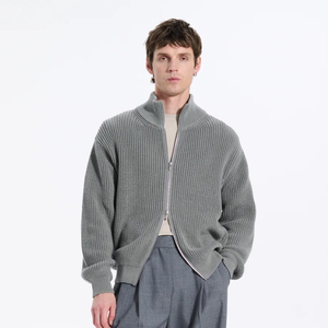 Áo len nam cổ mandarin, chất liệu dệt kim, khóa kéo đôi, kiểu dáng thể thao, màu trơn - Product Image 2