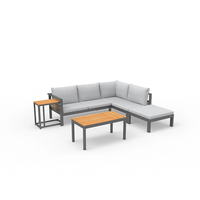 Ensemble de canapé d'angle en rotin avec structure en aluminium Dwoo, 5 pièces, avec table basse en WPC relevable et coussins épais de 8 cm pour la terrasse et le jardin