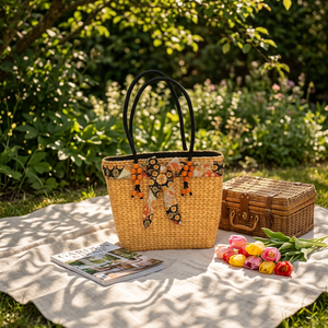 Bolso de mano bohemio de paja con lazo floral y cuentas, bolso de playa de verano para mujer - Product Image 6
