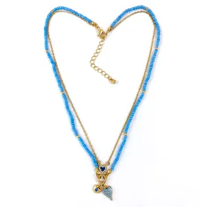 New Design couple Turq seed beaded Chain enamel heart blue diamond heart gold plated Necklace for Women