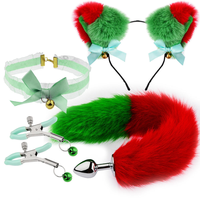 Nouvel ensemble de bondage cosplay Ninghao : serre-tête oreilles de chat en peluche rouge et vert, queue moelleuse, collier ras-du-cou en dentelle avec fermoir métallique, pinces – Jouets sexuels pour adultes