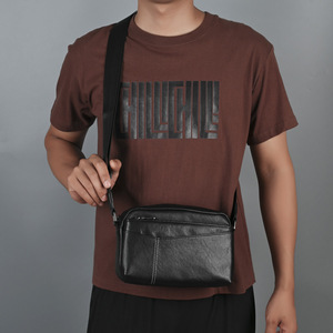 Men's Genuine Leather Crossbody <b>Bag</b> Black Horizontal Casual Travel Shoulder <b>Bag</b> Fashionable Wear Resistant Solid Color - Product Image 1