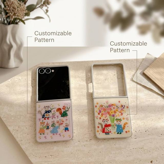 Custom Floral Cat Theme Case for Samsung Galaxy Z Flip 8 7 6 5 Luxury Aesthetic Flowers Print Cute Kitten TPU Bumper Cover