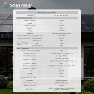แบตเตอรี่ลิเธียม Solara Power 14.34KWH แบบติดตั้งบนพื้น IP65 แบตเตอรี่ลิเธียม 51.2v 280ah 48v lifepo4 สำหรับระบบโซลาร์เซลล์ - Product Image 4