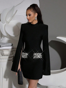 2025 nuovo diamante tascabile elegante abito da festa Sexy compleanno abito corto nero fasciante - Product Image 3