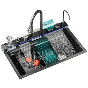 Moderno in acciaio inox nero cascata grembiule casale da banco piatto di stoccaggio stendino miscelatore rubinetto Nano lavello da cucina