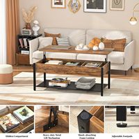 Table basse moderne extensible avec plateau relevable, compartiment caché, plateau en bois, structure métallique, hauteur réglable pour salon, rangement