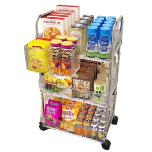 Carrito de exhibición móvil de acrílico con estructura de alambre, transparente, de varios niveles, con 4 capas, para almacenamiento de refrigerios en supermercados y tiendas de conveniencia. - Product Image 4