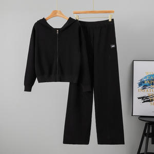 <span class=keywords><strong>Tuta</strong></span> <span class=keywords><strong>sportiva</strong></span> autunno inverno da <span class=keywords><strong>donna</strong></span> in maglia transfrontaliera europea Cardigan con cappuccio con cerniera <span class=keywords><strong>pantaloni</strong></span> larghi Casual in tinta unita Set di due pezzi - Product Image 2