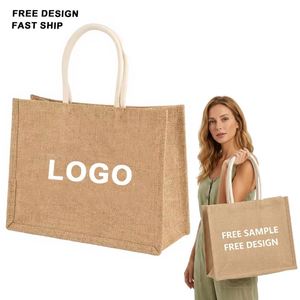 Sac fourre-tout en jute personnalisé avec logo, sac de marché à longues poignées en corde, sac d'épicerie réutilisable pour cadeaux, voyages, promotion, shopping en plein air - Product Image 1