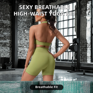 ชุดโยคะออกกำลังกายสำหรับผู้หญิง เซ็กซี่ ระบายอากาศได้ดี เสื้อครอปแบบคอร์เซ็ท สายรัดคอ บราฟิตเนส กางเกงขาสั้นเอวสูงสีพื้น 2 ชิ้น - Product Image 2