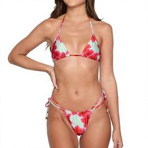 Conjunto de Bikini con Estampado Floral para Mujer, 2 Piezas, Top Halter, Braguita con Lazos Laterales, Spandex, Poliéster, Ajuste Elástico, Estilo Regular - Product Image 1