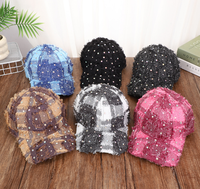 Casquette de baseball unisexe à strass scintillants et à carreaux, style trucker effiloché et vieilli, avec paillettes, réglable, pour les fêtes et le quotidien