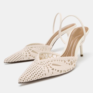 Nuovi Sandali Estivi <span class=keywords><strong>Beige</strong></span> Intrecciati con <span class=keywords><strong>Tacco</strong></span> Sottile a Punta, Tacchi Alti Traforati, Sandali Versatili da <span class=keywords><strong>Donna</strong></span> - Product Image 4