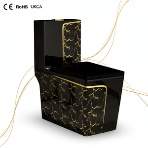 Juego de Inodoro Moderno Sanitario de <span class=keywords><strong>Baño</strong></span> Cuadrado de Una Pieza con Lavabo <span class=keywords><strong>y</strong></span> Taza de Cerámica Negro <span class=keywords><strong>y</strong></span> Dorado - Product Image 1