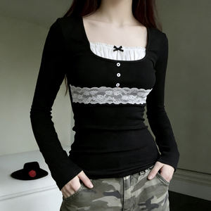 Camiseta Vintage Y2K de Encaje para Mujer, Corte Regular, Cuello Cuadrado, Manga Larga, Tejido Elástico, Casual, Favorecedora, Transpirable y Ecológica - Product Image 2