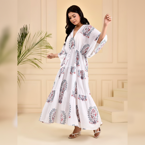 Le Jaipuri Designs Main Bloc Imprimé Floral Maxi Crêpe Soie Robe Décontractée Col V À Manches Longues Robes De Mode Durable - Product Image 1