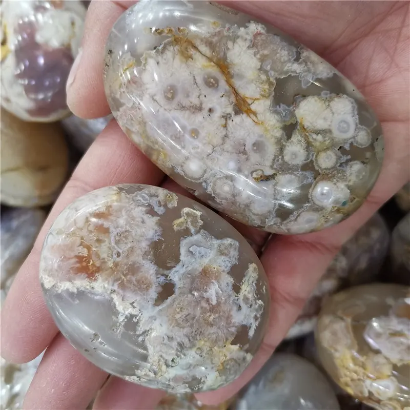 Natural Cherry Blossom Sakura Agate Palmstone Crystal Palm Tumbled Polished Stone