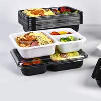 Barquettes alimentaires en plastique CPET personnalisées en usine, noires/blanches, à 3 compartiments, double compartiment, résistantes au four, avec couvercle