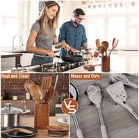 Ensemble d'ustensiles de cuisine en bois de teck naturel 9 pièces avec cuillères à prise confortable, louche et repose-cuillère - Durable, compatible lave-vaisselle et micro-ondes
