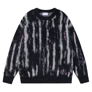 Custom Vertical Stripe Faux Mohair Crew Neck Sweater Unisex <b>Oversized</b> <b>Fluffy</b> Fuzzy Knitted Pullover Streetwear Knit <b>Jumper</b> - Product Image 5