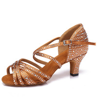 Chaussures de danse pour femmes en vente chaude, satin brillant, strass, chaussures de danse latine classiques pour femmes, talons hauts pas chers, chaussures de salsa