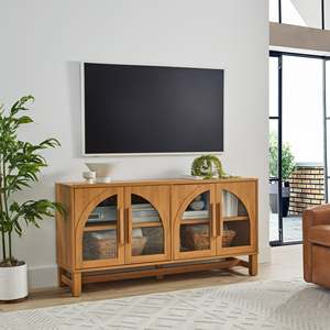 Mobile <span class=keywords><strong>TV</strong></span> in Legno AJUNION, Arredamento per Soggiorno, 2 Armadietti, Ripiani Regolabili, Ante in Vetro Temperato, Unità di Intrattenimento, Console <span class=keywords><strong>TV</strong></span> - Product Image 1