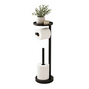 Porte-papier toilette autoportant en métal noir avec plateau supérieur, support de rangement pour salle de bain sur pied - Product Image 1