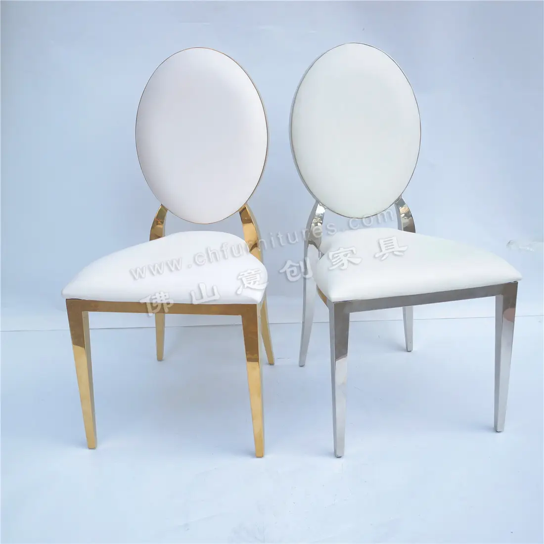 New design oval back outdoor white leather stainless steel gold wedding chair