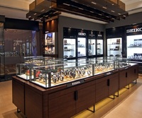 Comptoir de Présentation Îlot Personnalisé en Bois Massif pour Collection de Montres de Luxe, Vitrine en Verre Trempé, Kiosque à Bijoux Durable avec Éclairage LED